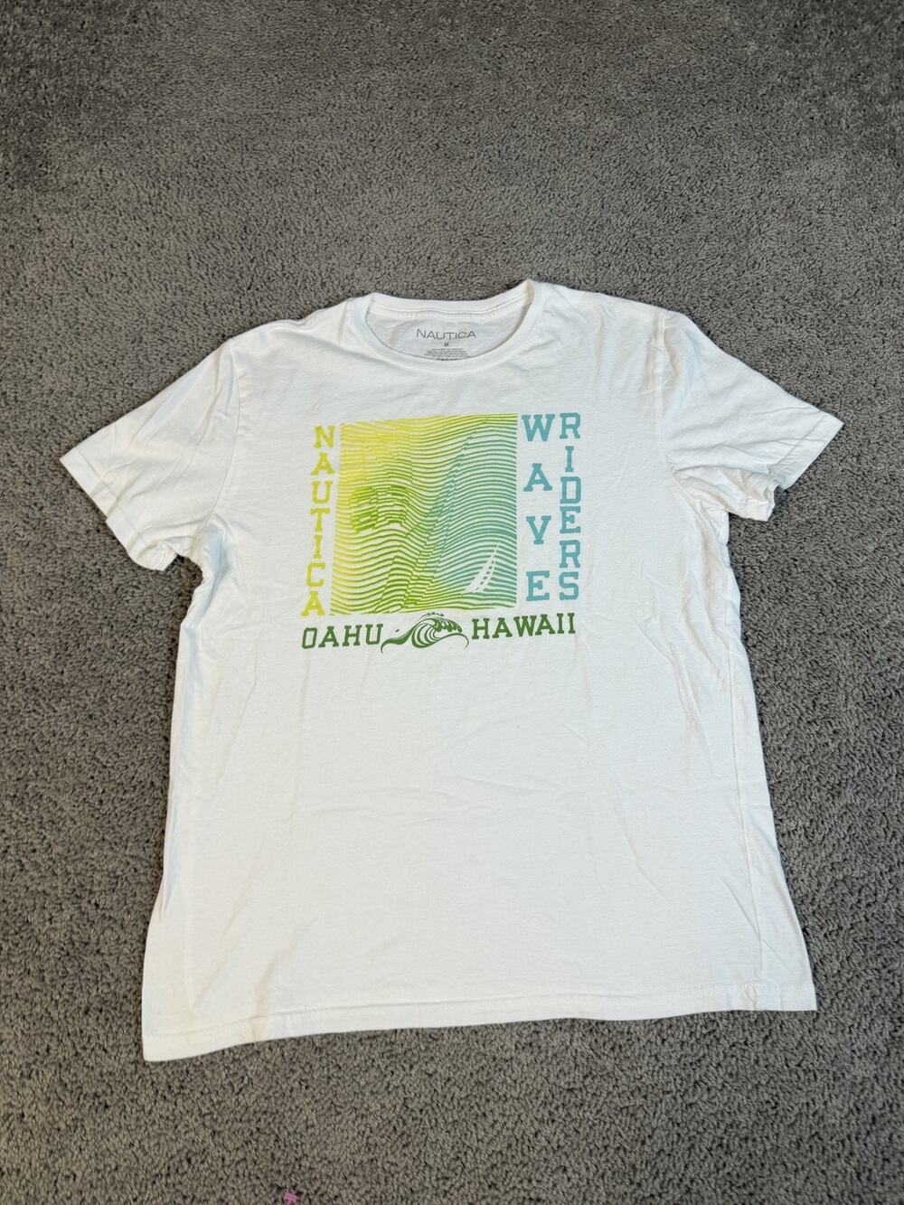Nautica Shirt Mens M White Wave Riders Oahu Hawaii Graphic Crew Neck Cotton
